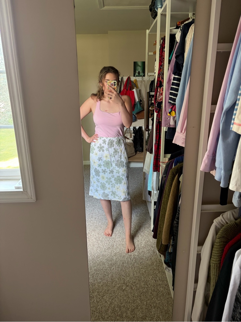 cut loose White Midi Skirt with Green Floral Print